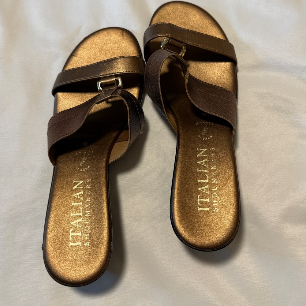 Italian Shoemakers Bronze Wedge Slide Sandals Size 8 Made in Italy - Picture 3 of 10